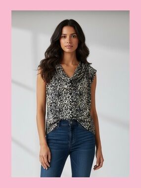 Larry Levine Leopard Print Cowl Neck Camisole - Black & Cream